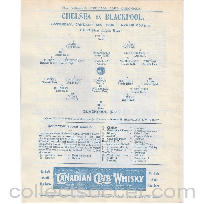 1906 - Chelsea v Blackpool 6/1/1906 First Ever Season Official Programme
