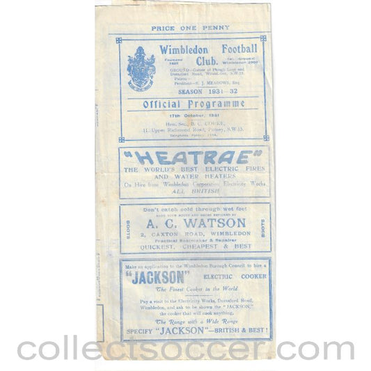 1931 - Wimbledon v Nunhead Official Programme 17/10/1931