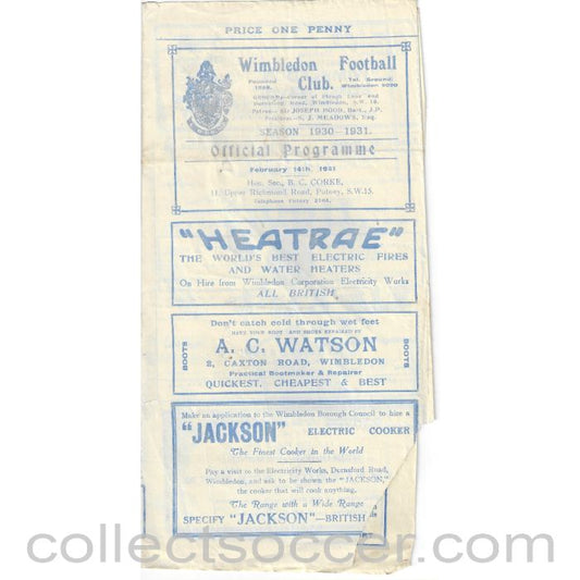1931 - Wimbledon v Kingstonian SSC 2nd Round 14/2/1931 - some damage Official Programme