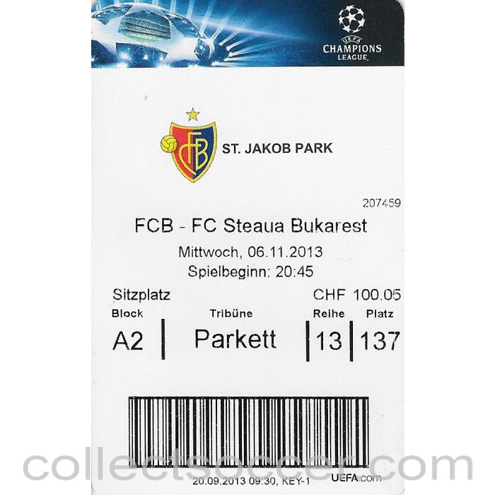 2013 - Ticket Basle v Steaua Bucharest 6/11/2013