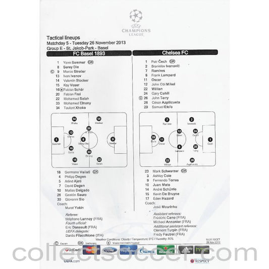 2013 - Basel v Chelsea 26/11/2013 Original Teamsheet