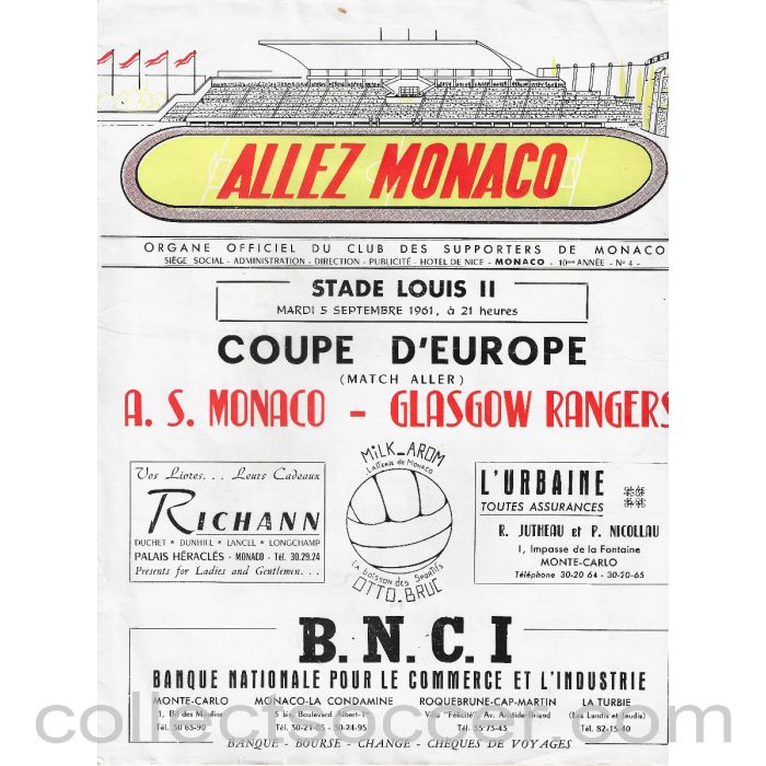 1961 - Monaco v Glasgow Rangers 5/9/1961 Official Programme