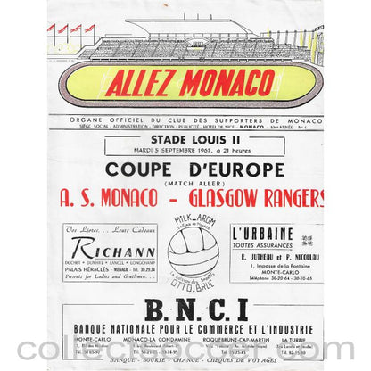 1961 - Monaco v Glasgow Rangers 5/9/1961 Official Programme