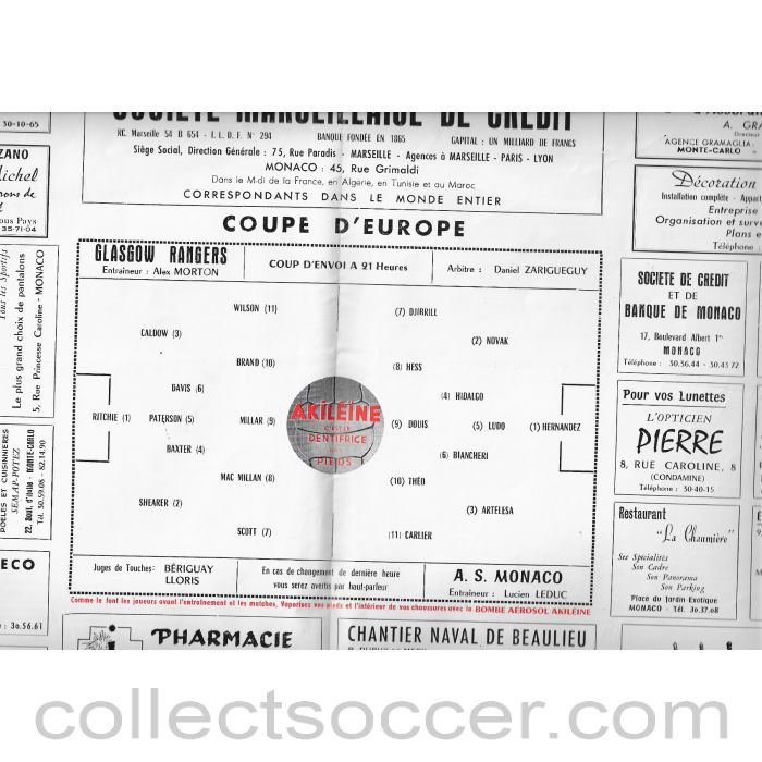 1961 - Monaco v Glasgow Rangers 5/9/1961 Official Programme