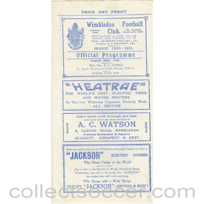1930 - Wimbledon v London Caledonians 30/9/1930 Official Programme