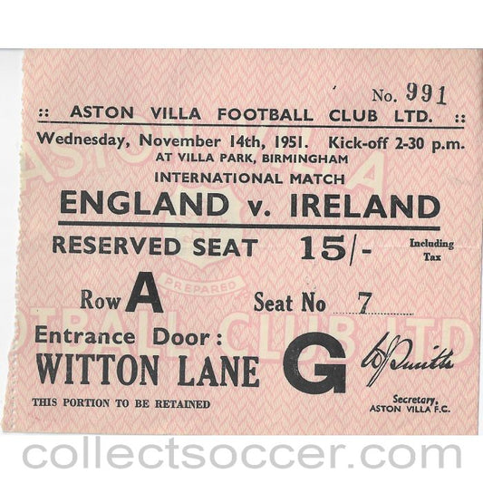 1951 - Ticket England v Northern Ireland 14/11/1951 at Villa Park