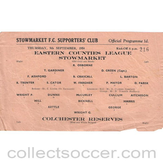 1954 - Stowmarket v Colchester United Reserves 9/9/1954 Programme