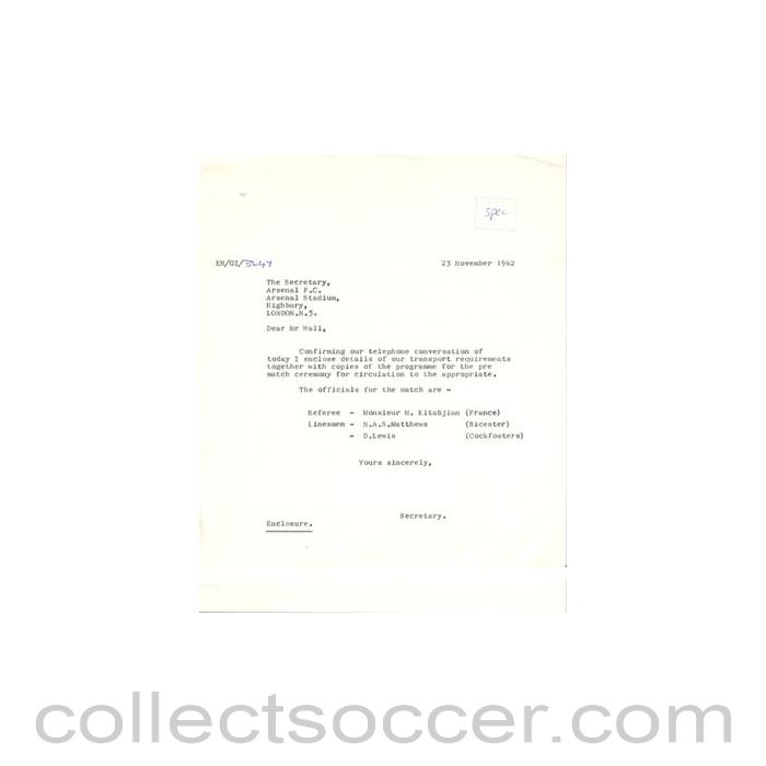 1962 - Letter of The Football League of 23/11/1962 to The Secretary of Arsenal FC