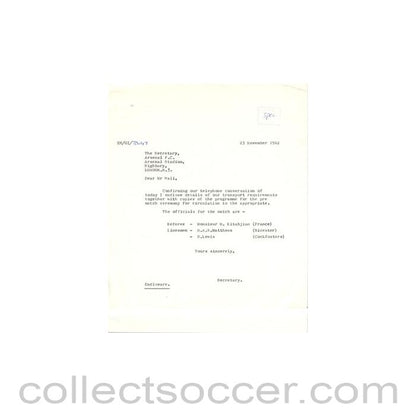 1962 - Letter of The Football League of 23/11/1962 to The Secretary of Arsenal FC
