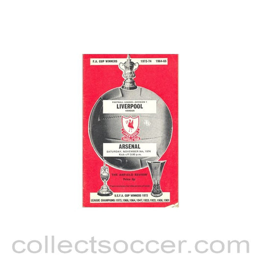 1974 - Liverpool v Arsenal official programme 09/11/1974