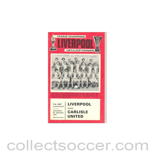 1974 - Liverpool v Carlisle United official programme 26/01/1974, some notes in pen on the front