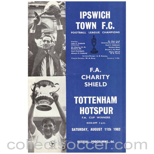 1962 Charity Shield Official Programme Ipswich Town v Tottenham Hotspur