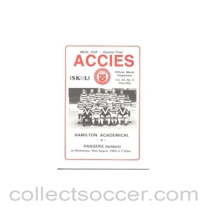 1989 - Hamilton Academical (Accies) v Glasgow Rangers official programme 30/08/1989 Skol Cup