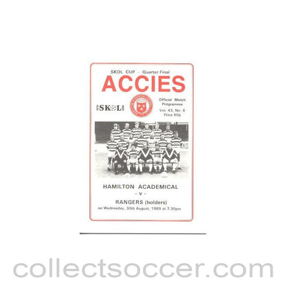 1989 - Hamilton Academical (Accies) v Glasgow Rangers official programme 30/08/1989 Skol Cup