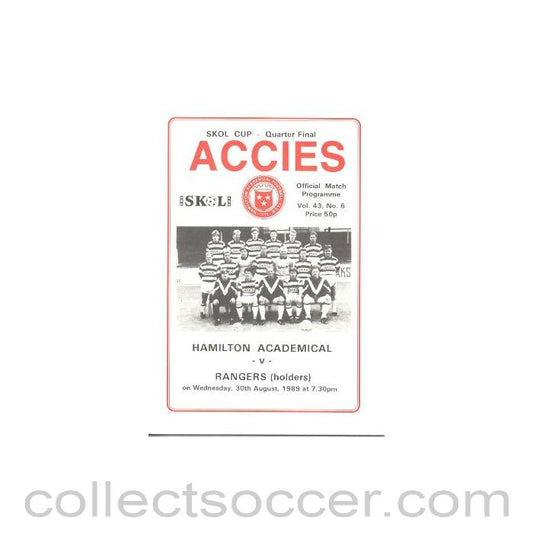 1989 - Hamilton Academical (Accies) v Glasgow Rangers official programme 30/08/1989 Skol Cup