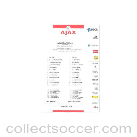 2010 - Ajax V Chelsea Teamsheet 23/07/2010 Official Directors Issue