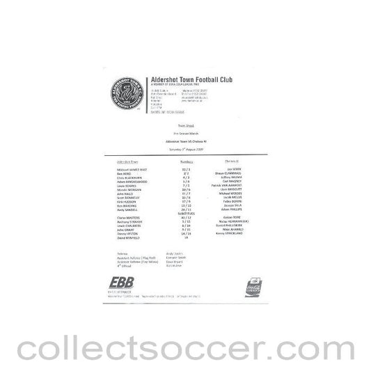2009 - Aldershot Town v Chelsea XI teamsheet 01/08/2009