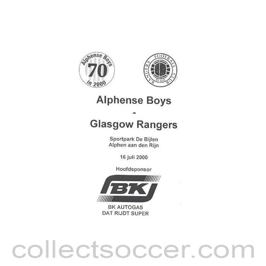 2000 - Alphense Boys v Glasgow Rangers official programme 16/07/2000
