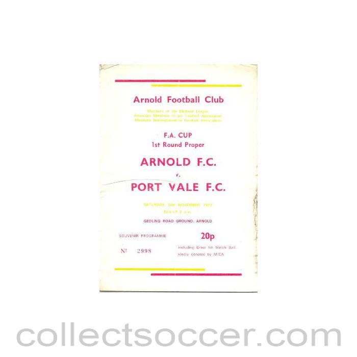 1977 - Arnold v Port Vale official programme 26/11/1977
