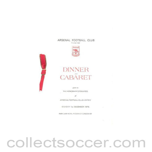 1975 - Arsenal - Dinner & Cabaret to The Honorary Stewards of Arsenal FC menu 01/12/1975