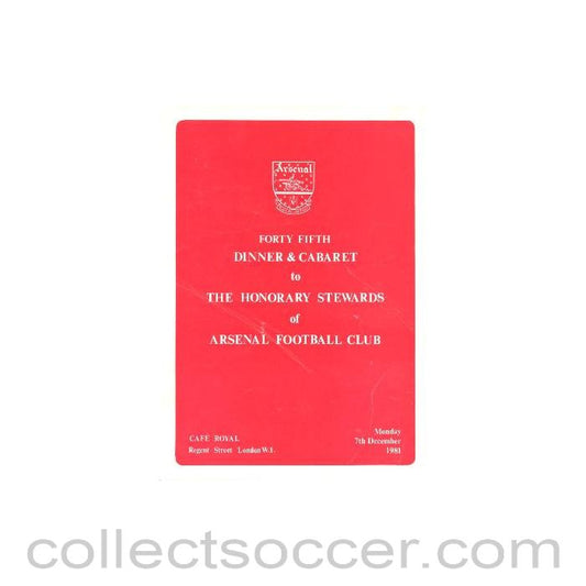 1981 - Arsenal - 45th Dinner & Cabaret to The Honorary Stewards of Arsenal FC menu 07/12/1981