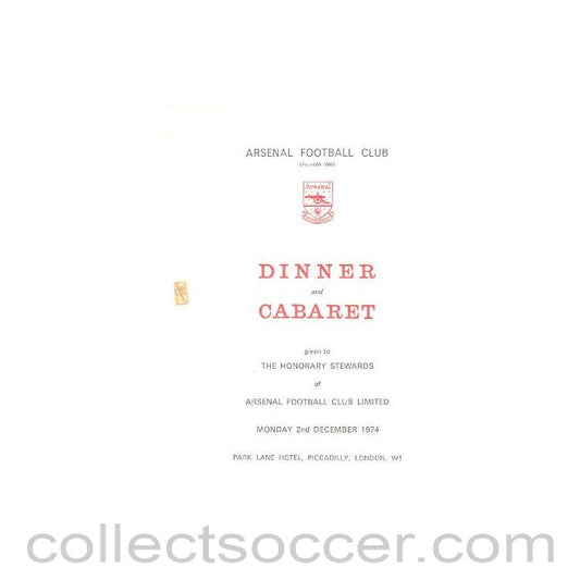 1972 - Arsenal - Dinner & Cabaret to The Honorary Stewards of Arsenal FC menu with ribbon 27/11/1972