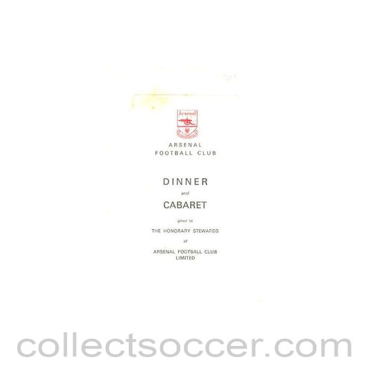 1965 - Arsenal - Dinner & Cabaret to The Honorary Stewards of Arsenal FC menu 22/11/1965