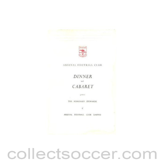 1966 - Arsenal - Dinner & Cabaret to The Honorary Stewards of Arsenal FC menu 02/12/1966