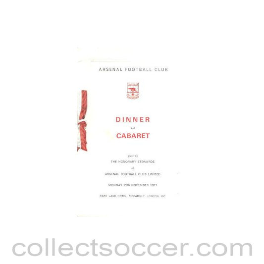 1971 - Arsenal - Dinner & Cabaret to The Honorary Stewards of Arsenal FC menu with ribbon 29/11/1971