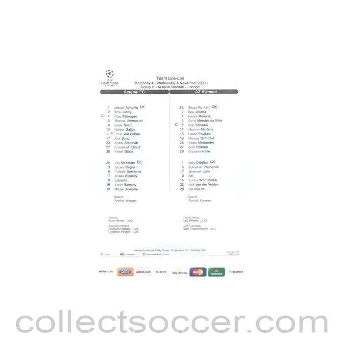 2009 - Arsenal v Alkmaar teamsheet 04/11/2009 Champions League