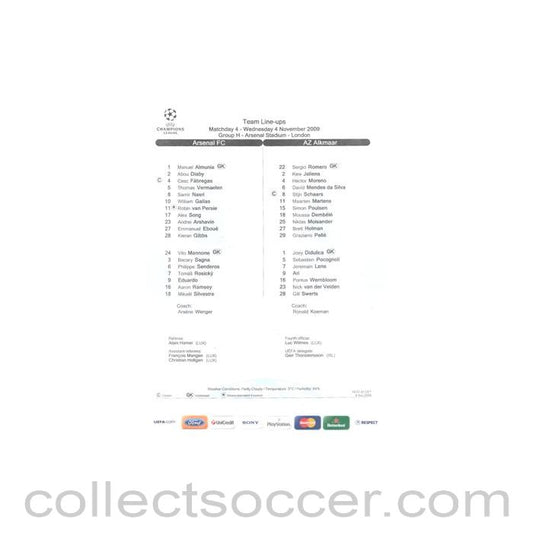 2009 - Arsenal v Alkmaar teamsheet 04/11/2009 Champions League