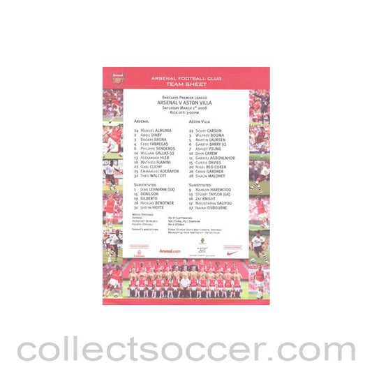 2008 - Arsenal v Aston Villa official colour teamsheet 01/03/2008 Premier League