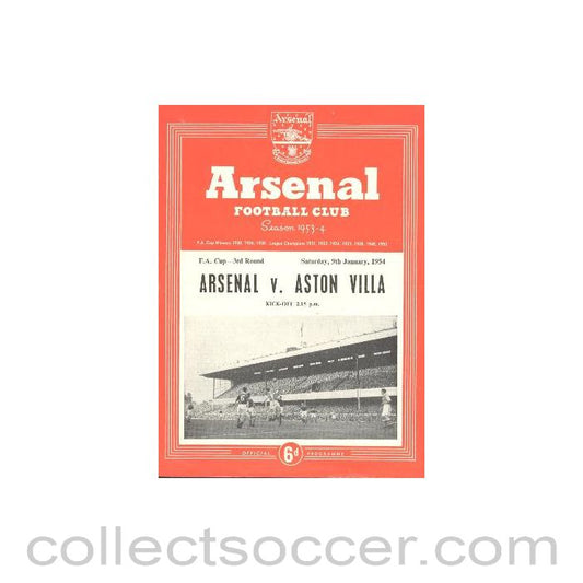 1954 - Arsenal v Aston Villa official programme 09/01/1954 F.A. Cup