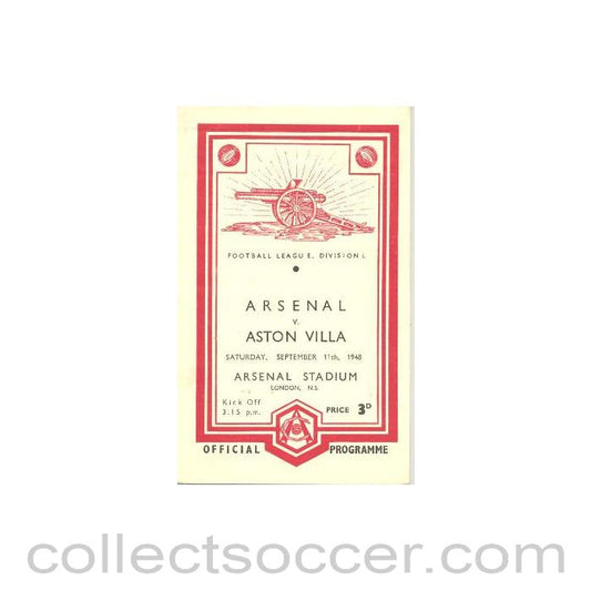 1948 - Arsenal v Aston Villa official programme 11/09/1948 Football League