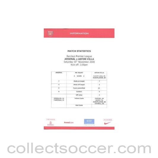 2008 - Arsenal v Aston Villa colour printed match statistics 15/11/2008 Premier League