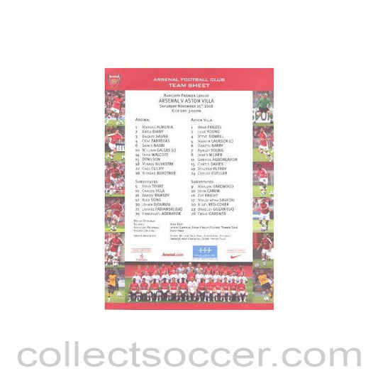 2008 - Arsenal v Aston Villa colour printed teamsheet 15/11/2008 Premier League