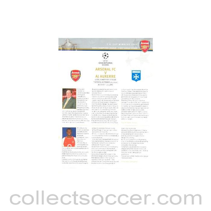 2002 - Arsenal v Auxerre official VIP programme 22/10/2002 Champions League