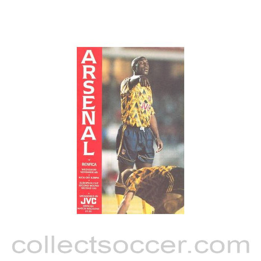 1991 - Arsenal v Benfica official programme 06/11/1991 European Cup
