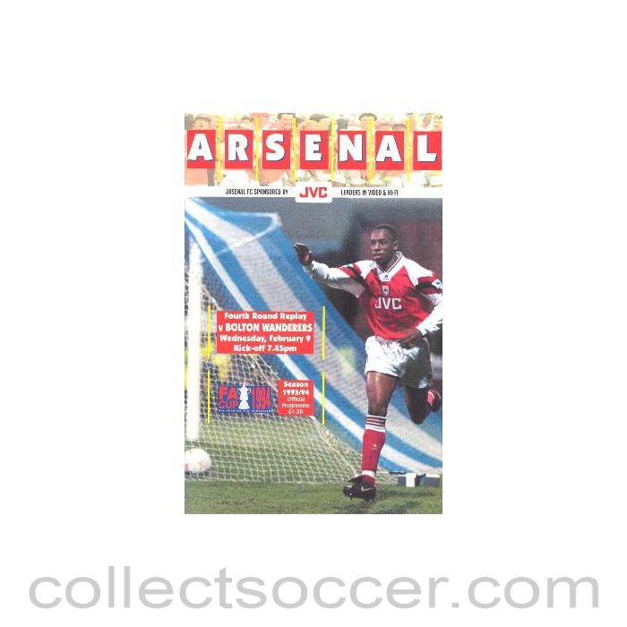 1994 - Arsenal v Bolton Wanderers official programme 09/02/1994 F.A. Cup