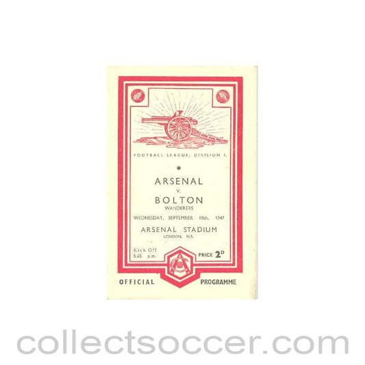 1947 - Arsenal v Bolton official programme 10/09/1947 Football League