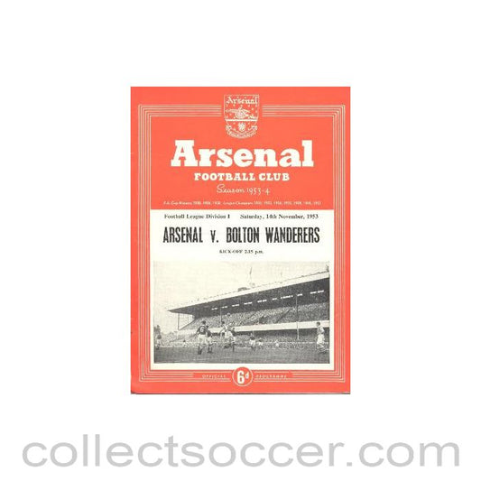 1953 - Arsenal v Bolton Wanderers official programme 14/11/1953