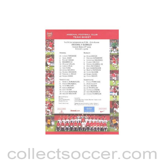 2009 - Arsenal v Burnley official colour printed teamsheet 08/03/2009