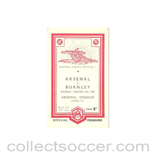1948 - Arsenal v Burnley official programme 14/02/1948 Football League