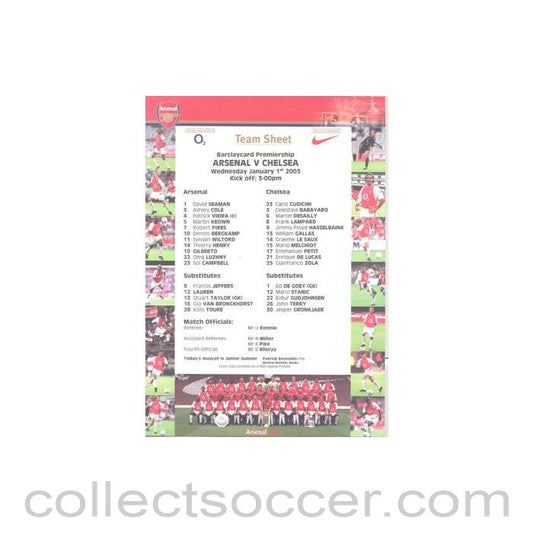 2003 - Arsenal v Chelsea official colour teamsheet 01/01/2003 Premier League