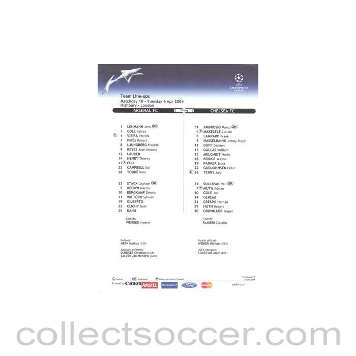 2004 - Arsenal v Chelsea official colour teamsheet 06/04/2004 Champions League