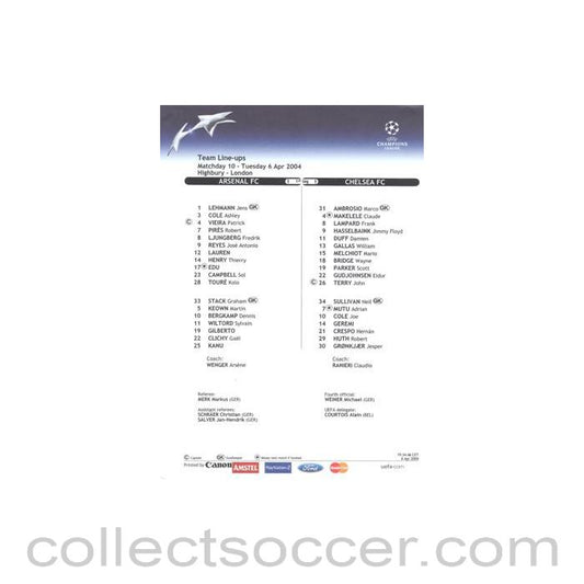 2004 - Arsenal v Chelsea official colour teamsheet 06/04/2004 Champions League