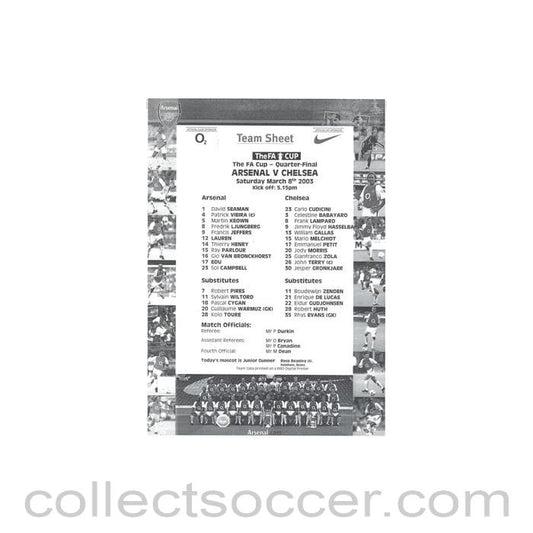 2003 - Arsenal v Chelsea official black & white teamsheet 08/03/2003 F.A. Cup Quarter-Final