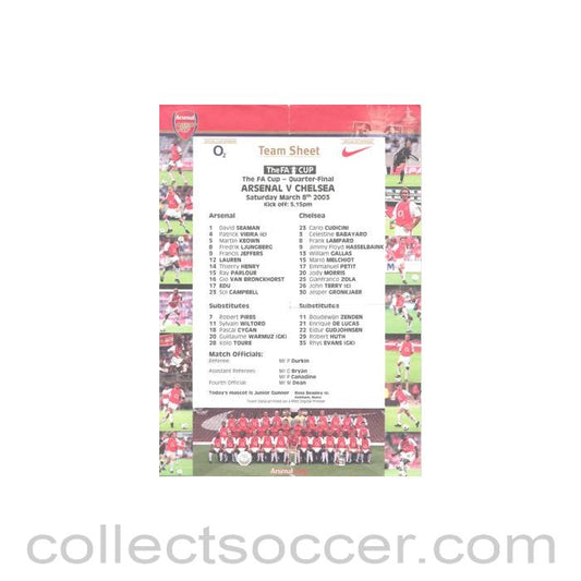 2003 - Arsenal v Chelsea official colour teamsheet 08/03/2003 F.A. Cup Quarter-Final