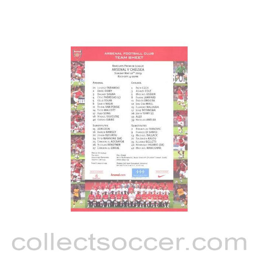 2009 - Arsenal v Chelsea official colour printed teamsheet 10/05/2009
