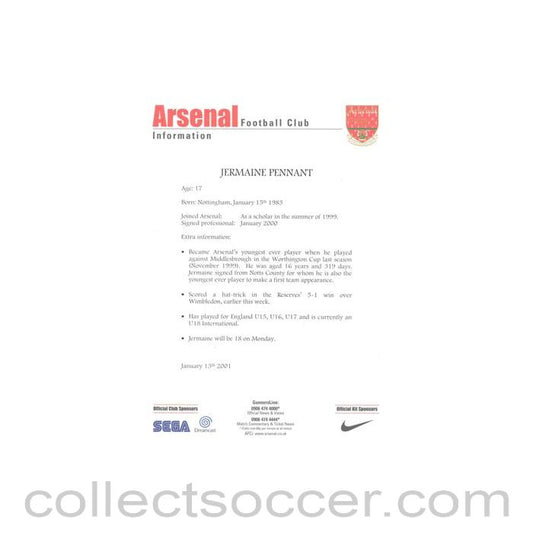 2001 - Arsenal v Chelsea information for the media about Jermaine Pennant 13/01/2001 Premier League